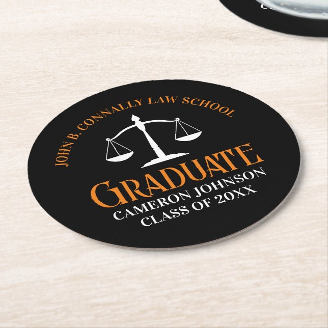 Black Orange Law School Custom Graduation Party Round Paper Coaster (Angled)
