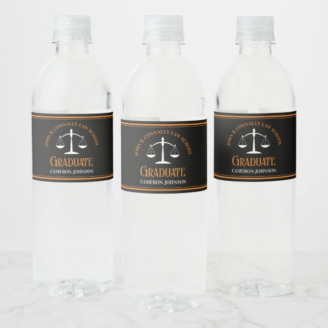 Black Orange Law School Custom Graduation Party Water Bottle Label (Bottles)