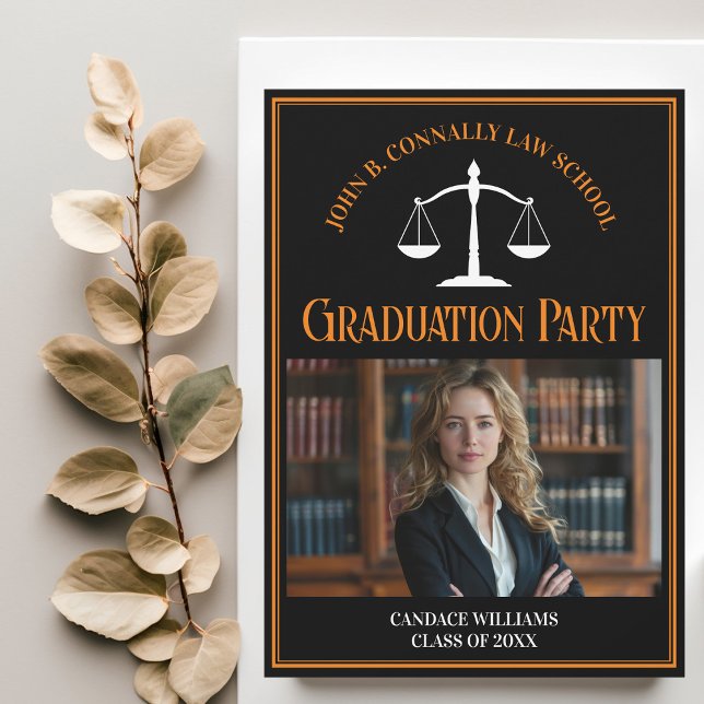Black Orange Law School Photo Graduation Party Invitation (Creator Uploaded)
