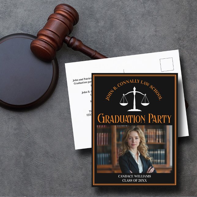 Black Orange Law School Photo Graduation Party Invitation Postcard (Creator Uploaded)