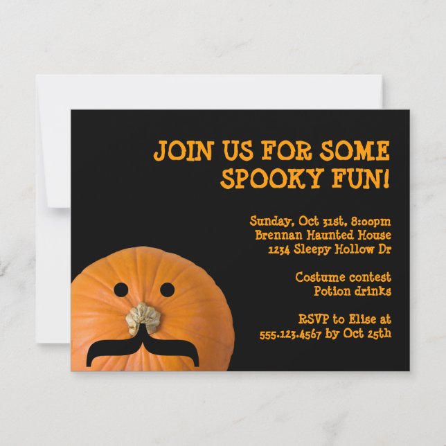 Black orange moustache pumpkin host Halloween part Invitation (Front)