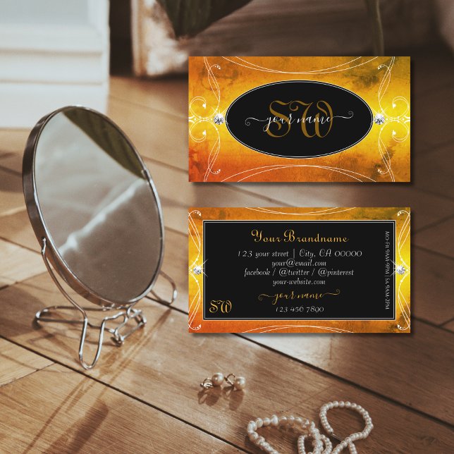 Black Orange Ornate Sparkling Diamonds Initials Business Card (Creator Uploaded)
