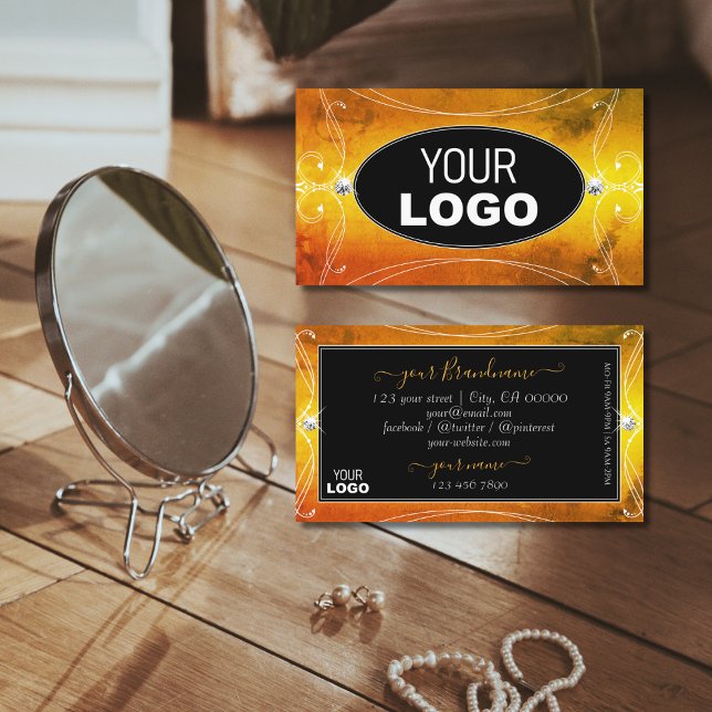 Black Orange Ornate Sparkling Diamonds with Logo Business Card (Creator Uploaded)