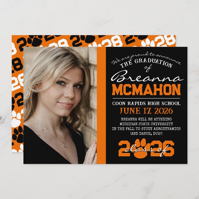 Black & Orange Paw Print Graduation Announcement (Repeating Class Year 1 & 2 Photo Graduation Invitations & Announcements (Paw Print Version))