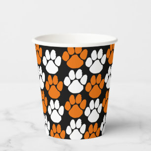 Black & Orange Pawprints on Navy Party Paper Cups
