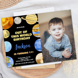Black Orange Photo Outer Space Birthday Invitation