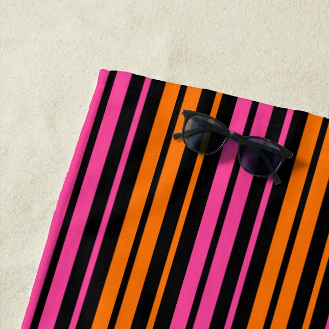 Black Orange Pink Vertical Stripes Design   Beach Towel (In Situ)
