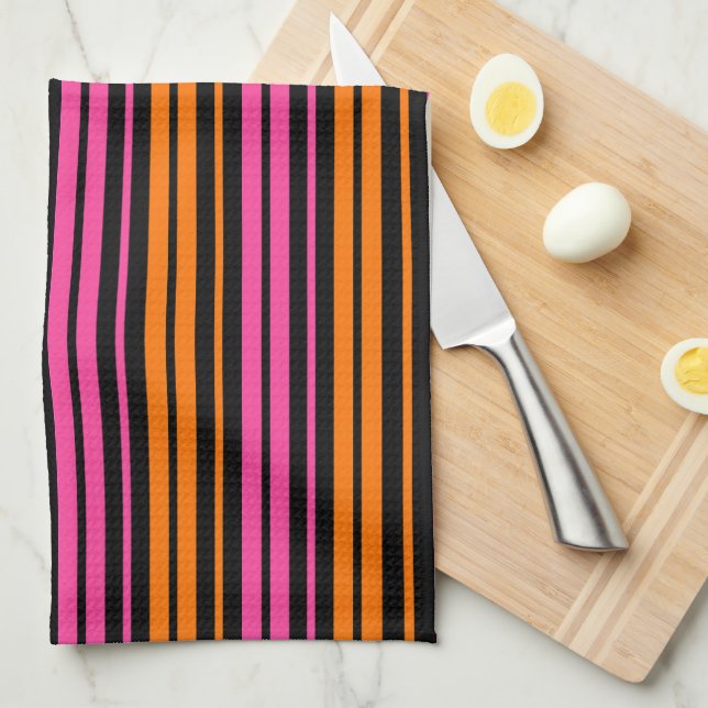 Black Orange Pink Vertical Stripes Design   Tea Towel (Quarter Fold)