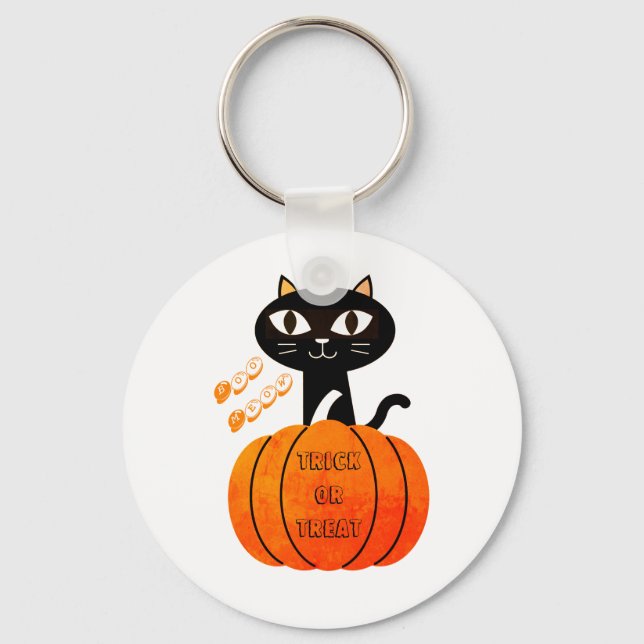 Black Orange Pumpkin Cat Cute Spooky Halloween Key Ring (Front)