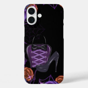 BLACK ORANGE PURPLE HALLOWEEN PURSE & HEELS iPhone 16 PLUS CASE