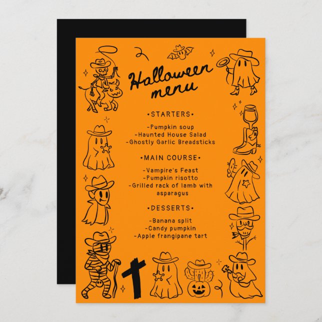 Black & Orange Quirky Hand Drawn Halloween  Menu (Front/Back)