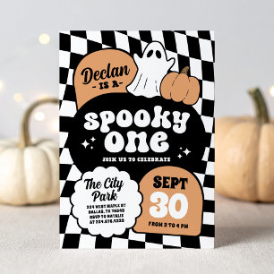 Black Orange Retro Chequered Spooky One 1st Birthd Invitation