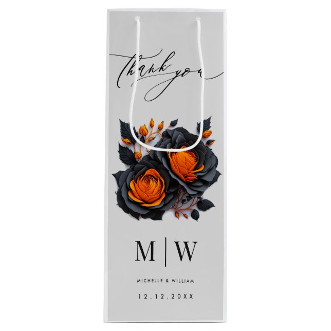 Black Orange Roses Gothic Wedding Wine Gift Bag (Front)