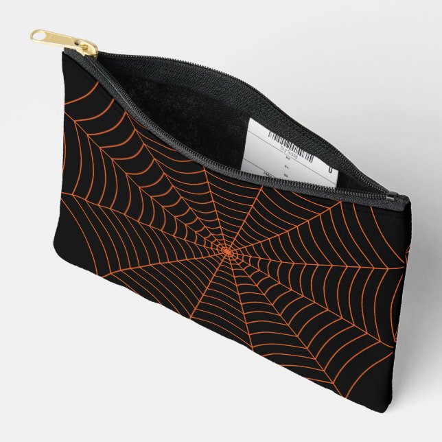 Black orange spider web Halloween pattern Accessory Pouch (Open)