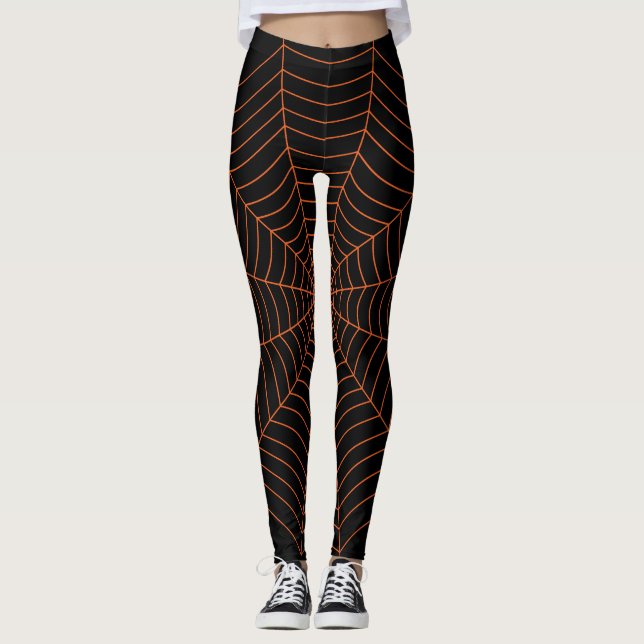 Black orange spider web Halloween pattern Leggings (Front)