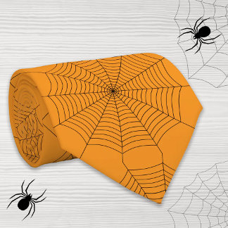 Black orange spider web Halloween pattern Tie