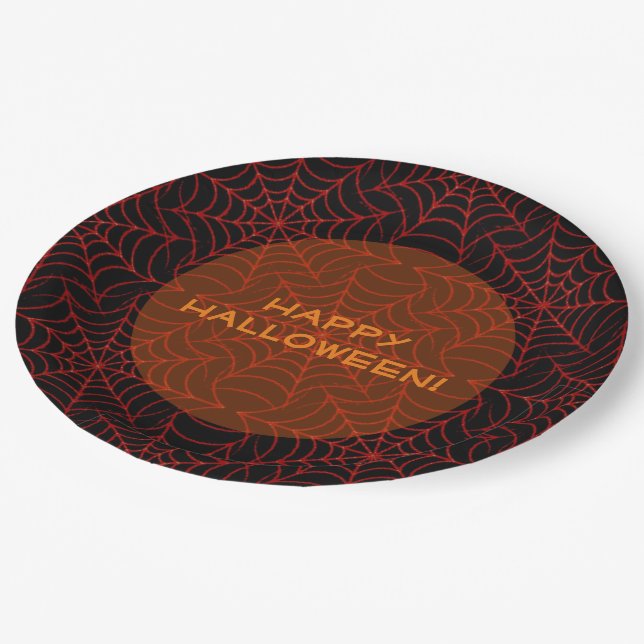 Black & Orange Spider Web Pattern Paper Plates (Angled)