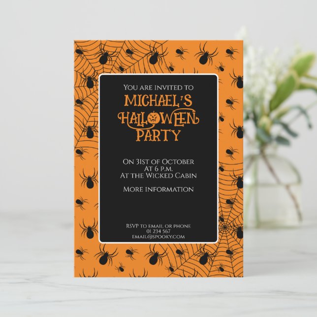 Black orange spiders Halloween party Custom Invitation (Standing Front)