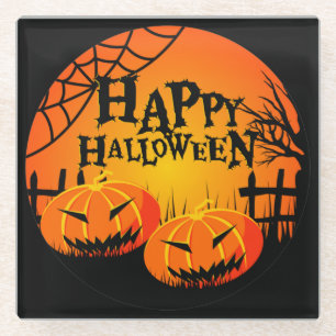 BLACK & ORANGE SPOOKY HAPPY HALLOWEEN PUMPKINS GLASS COASTER