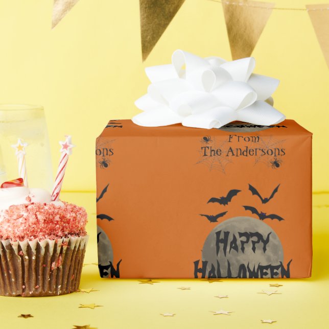 Black Orange Spooky Spider Happy Halloween Pattern Wrapping Paper (Birthday Party)