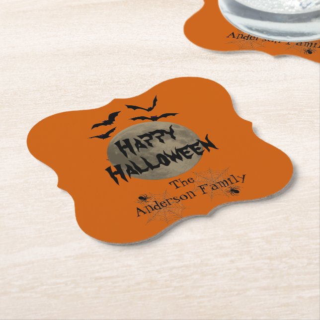 Black Orange Spooky Typography Happy Halloween Paper Coaster (Angled)