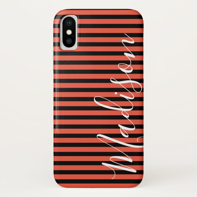 Black Orange Stripe Halloween Personalized Name Case-Mate iPhone Case (Back)