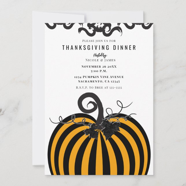 Black & Orange Striped Pumpkin Thanksgiving Dinner Invitation (Front)