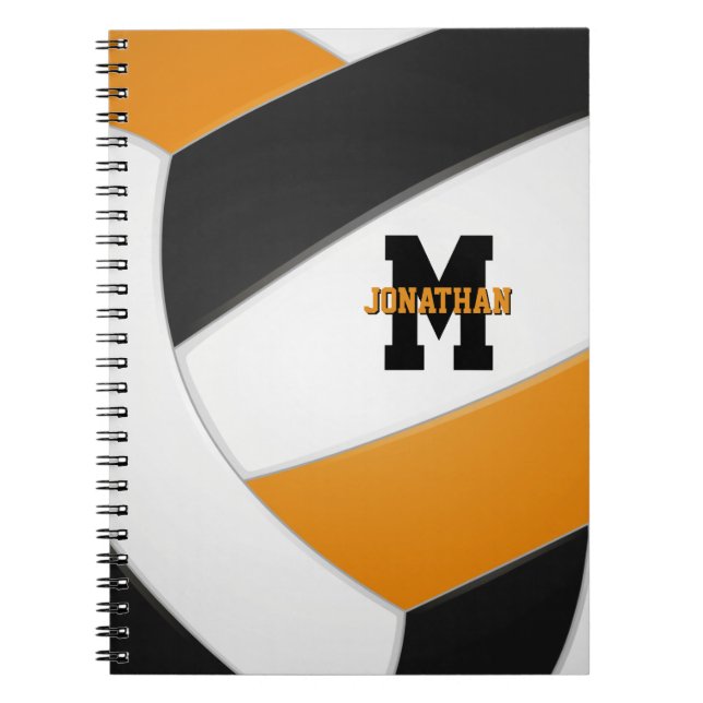 black orange team colours boys girls volleyball notebook (Front)