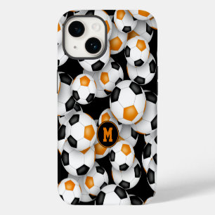Black orange team colours fun soccer balls pattern iPhone 14 case