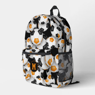 black orange team colours soccer balls pattern printed backpack