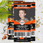Black|Orange Ticket Style Baseball Birthday Party Invitation<br><div class="desc">Super fun,  baseball themed birthday with your little all-star's picture right on the front!</div>