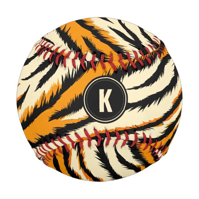 Black Orange Tiger Stripes Pattern Monogram Baseball (Front)