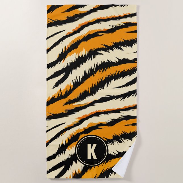 Black Orange Tiger Stripes Pattern Monogram Beach Towel (Front)