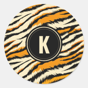 Black Orange Tiger Stripes Pattern Monogram Classic Round Sticker