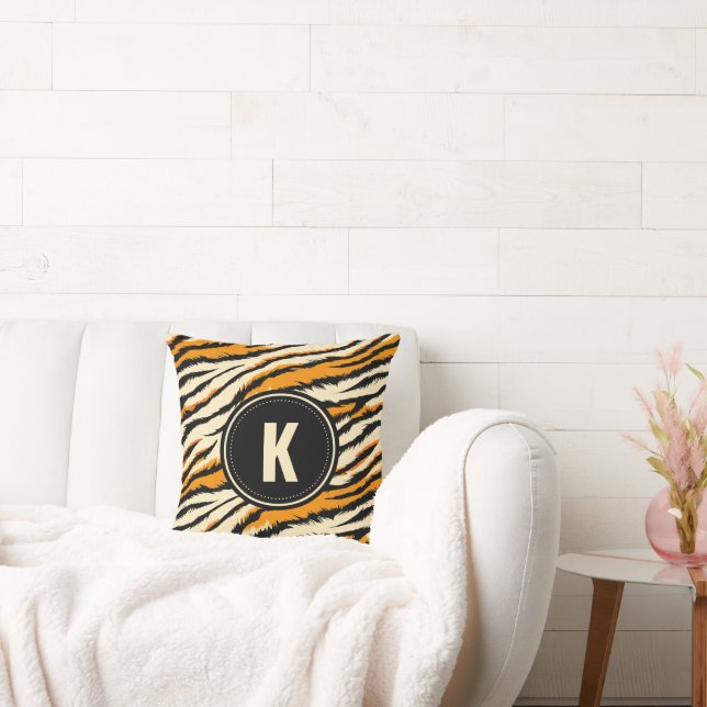 Black Orange Tiger Stripes Pattern Monogram Cushion (Couch)