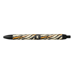 Black Orange Tiger Stripes Pattern Monogram Ink Pen