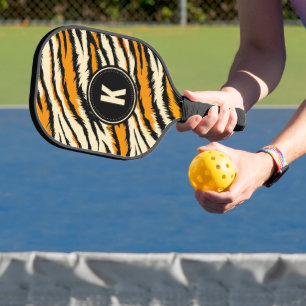 Black Orange Tiger Stripes Pattern Monogram Pickleball Paddle