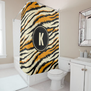 Black Orange Tiger Stripes Pattern Monogram Shower Curtain