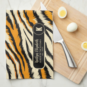 Black Orange Tiger Stripes Pattern Monogram Tea Towel