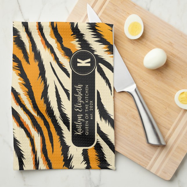 Black Orange Tiger Stripes Pattern Monogram Tea Towel (Quarter Fold)