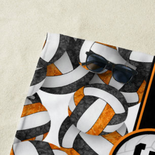 Black orange volleyball pattern her jersey number beach towel