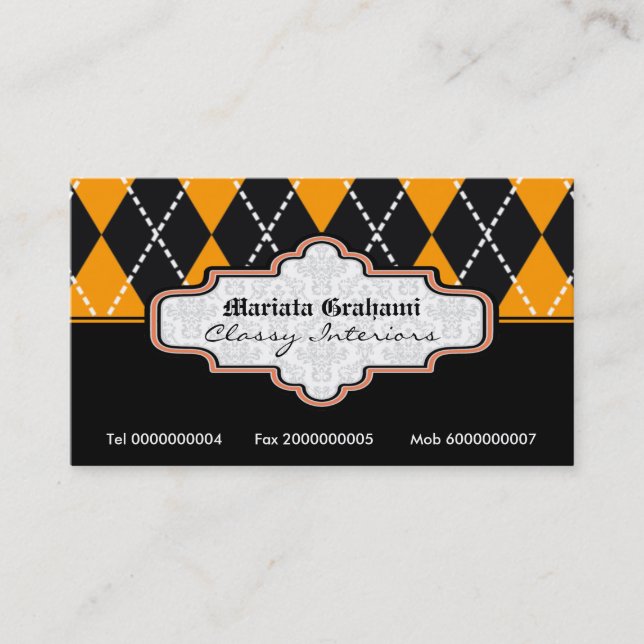 Black orange white argyle trendy business cards (Front)