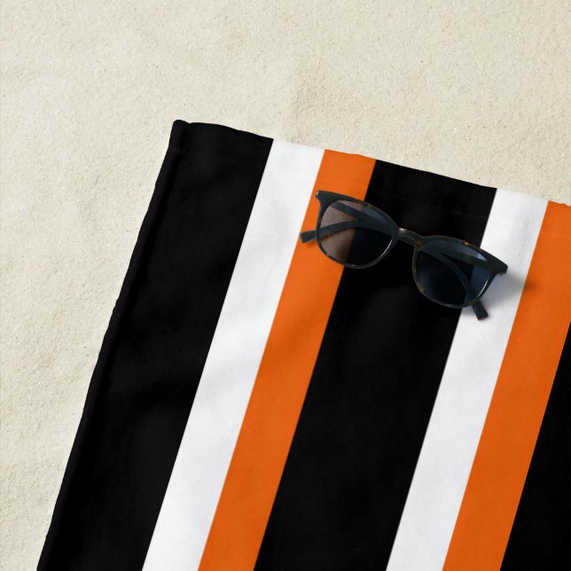 Black Orange White Striped Beach Towel (In Situ)