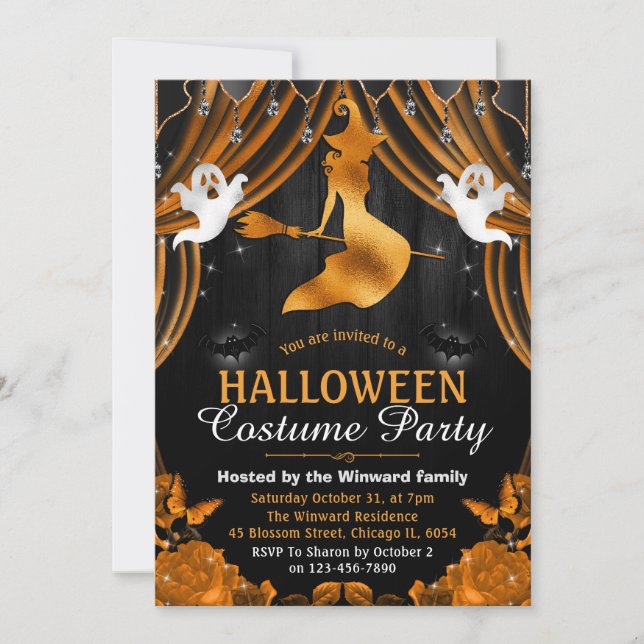 Black & Orange Witch & Shimmer Curtains Halloween Invitation (Front)