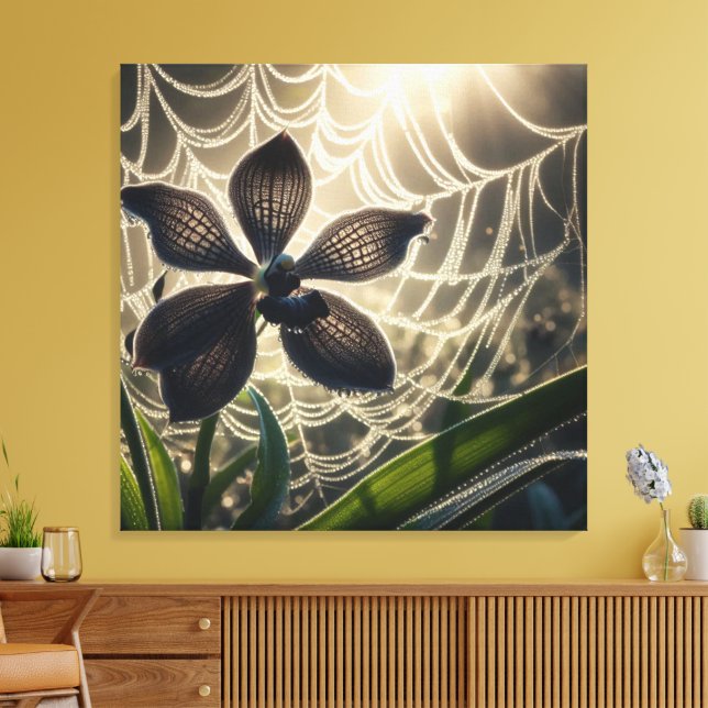 Black Orchid Spiderweb Floral Canvas Print (Insitu(LivingRoom))