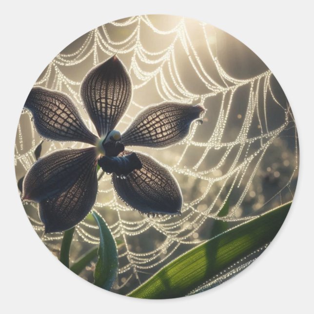 Black Orchid Spiderweb Floral Classic Round Sticker (Front)