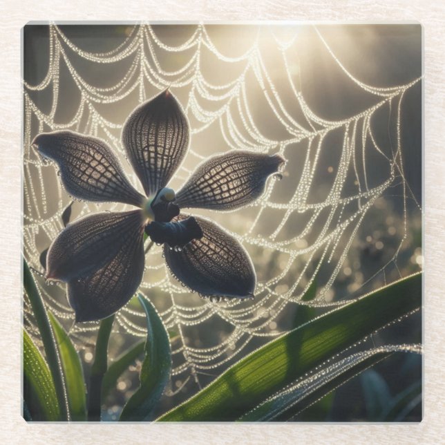 Black Orchid Spiderweb Floral Glass Coaster (Front)