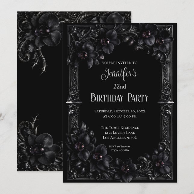 Black orchids Gothic Floral Birthday Invitation (Front/Back)