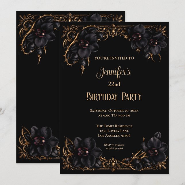 Black orchids Gothic Floral Birthday Invitation (Front/Back)