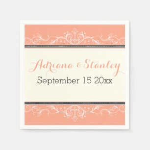 Black ornamental border coral wedding napkin